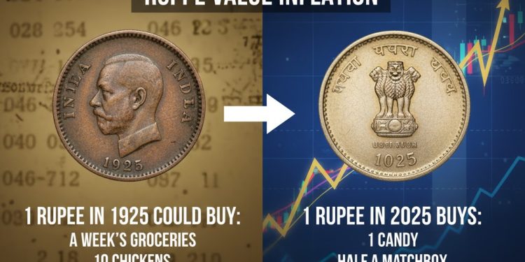 What will be the value of 1 rupee in 1925 after 100 years